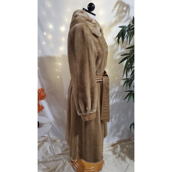 Vtg Tissavel France Faux Fur Belted Leather Coat and Gloves Womens Size 6 Tan - Picture 4 of 15